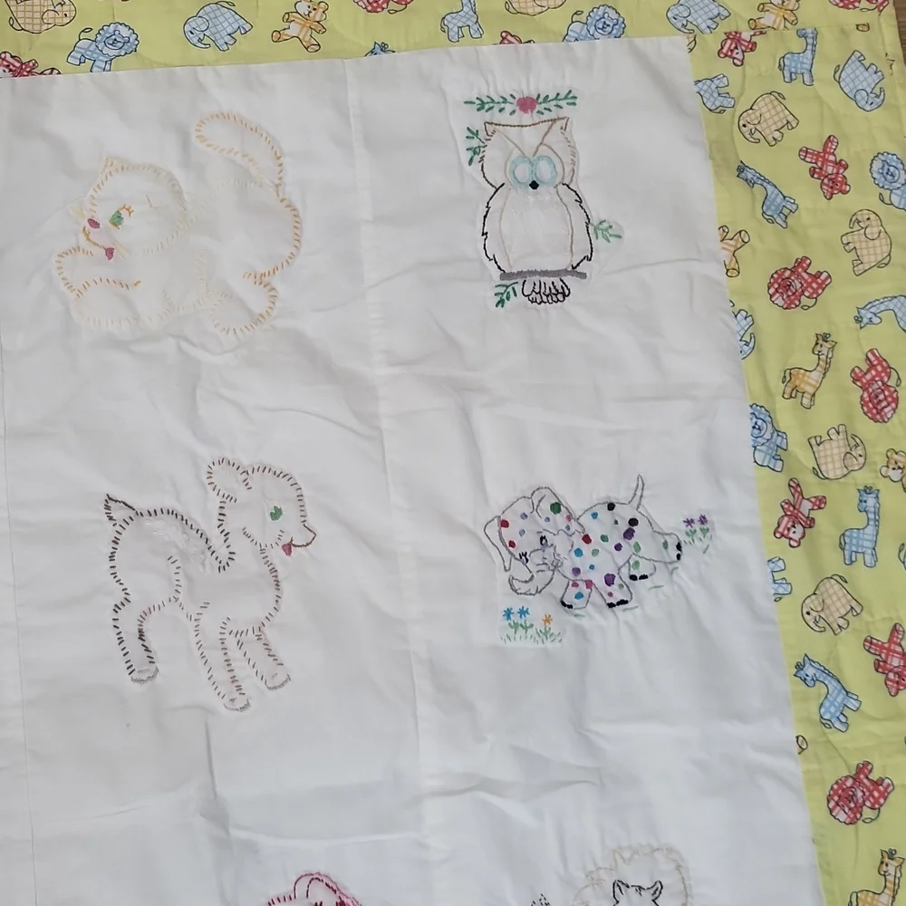 Handmade Yellow White Embroidered Animal Baby Quilt Blanket